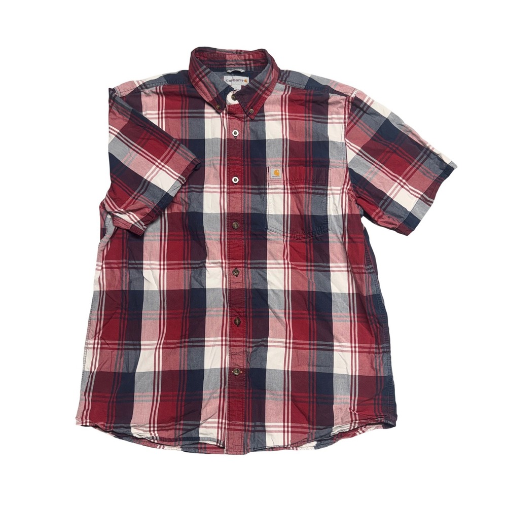 Carhartt Mens Relaxed Fit Short Sleeve Plaid Button Down Shirt‎ Red Blue Large